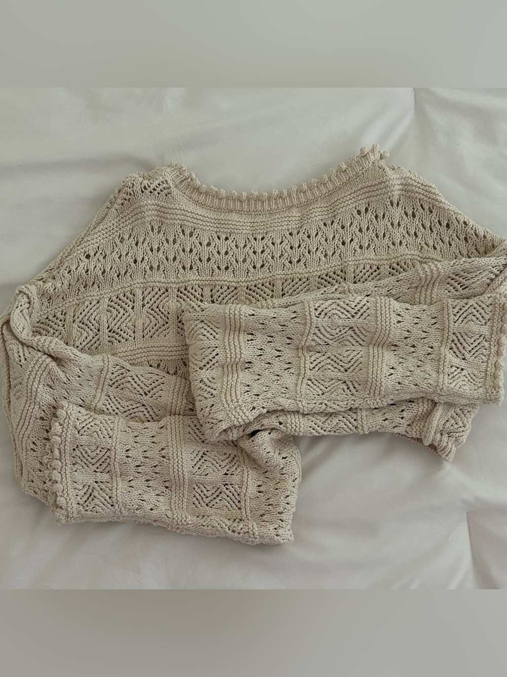 Zara Beige Open-Knit Cropped Crew Sweater